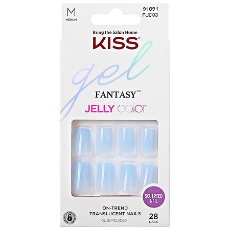 Kiss Gel Fantasy Jelly Color Press-On Nails, Medium Square Medium Jelly Crushin' Blue