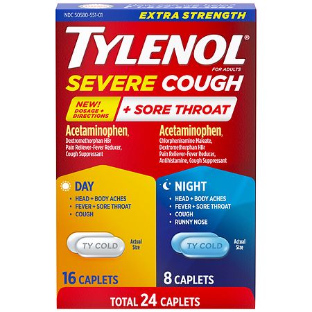 TYLENOL Extra Strength Severe Cough + Sore Throat Day & Night Caplets, Combo Pack