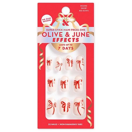 Olive & June Effects Super Stick Mani Press-On Nails Short Round Red Bows