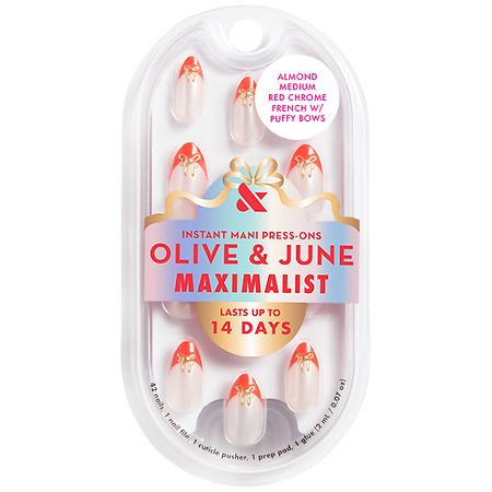 Olive & June Maximalist Instant Mani Press-On Nails Medium Almond Red French With Bows