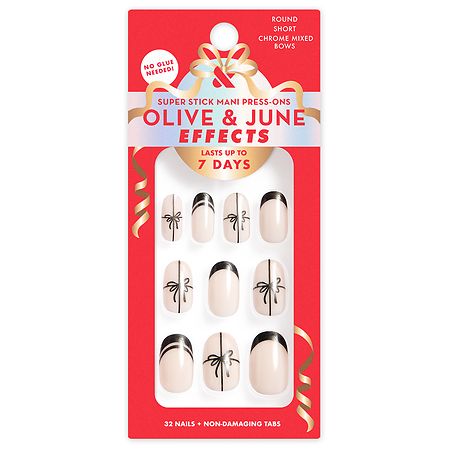 Olive & June Effects Super Stick Mani Press-On Nails, Round Short Chrome Mixed Bows