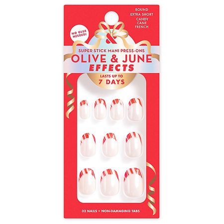 Olive & June Effects Super Stick Mani Press-On Nails, Round Extra Short Candy Cane French