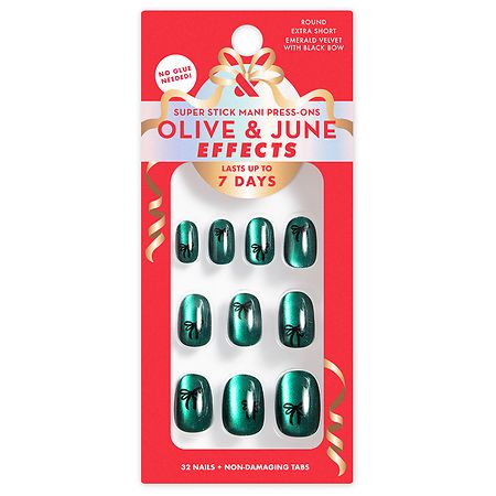 Olive & June Effects Super Stick Mani Press-Ons Round Extra Short Emerald Velvet Bows