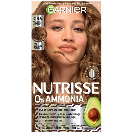 Garnier Nutrisse 0% Ammonia Nourishing Hair Color For Curls With 100% Gray Coverage CR6 Glossy Golden Brown