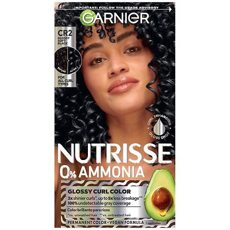 Garnier Nutrisse 0% Ammonia Nourishing Hair Color For Curls With 100% Gray Coverage CR2 Glossy Soft Black
