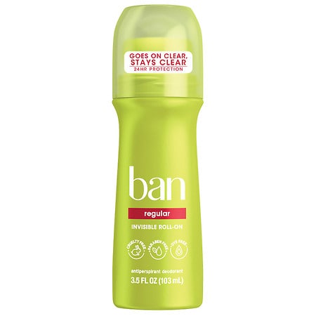 Ban Invisible Roll-On Antiperspirant Deodorant, 24-hour Protection Regular Clear