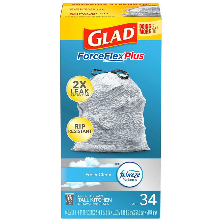 Glad ForceFlex Tall Kitchen Drawstring Trash Bags 13 Gallon Trash Bag,  Fresh Clean scent with Febreze Freshness 80 Count (Package May Vary)  Febreze Fresh Clean