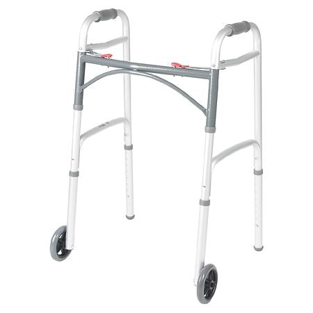 Drive Medical Deluxe Two Button Folding Walker with 5" Wheels 5 Inch Wheels Silver