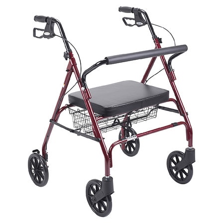 Drive Medical Heavy Duty Bariatric Rollator Rolling Walker with Large Padded Seat Red