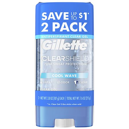 Gillette Clearshield Clear + Dri Tech Antiperspirant Deodorant Clear Gel Cool Wave, Twin Pack