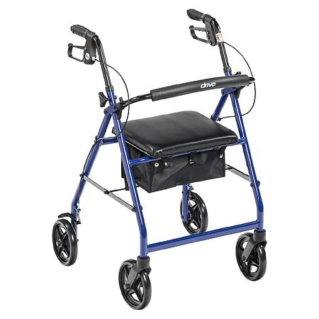 Drive Medical Aluminum Rollator Rolling Walker with Back Support and Padded Seat Blue