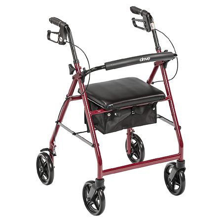 Drive Medical Aluminum Rollator Rolling Walker with Back Support and Padded Seat Red