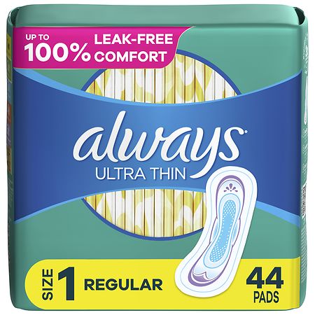 Always Ultra Thin Feminine Pads without Wings for Women, Regular Absorbency Unscented, Size 1