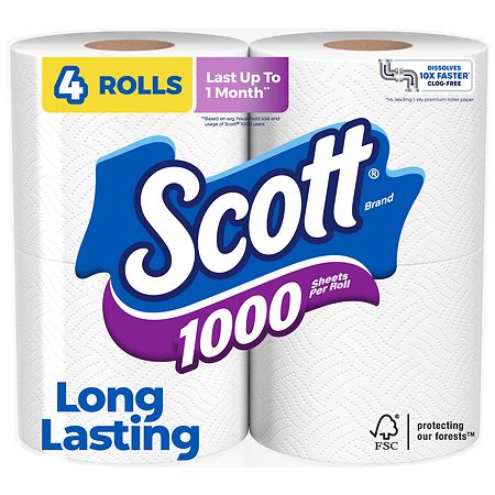 Scott 1000 Septic-Safe 1-Ply Toilet Paper - 4 CasePack  Of 12 Rolls /48 Total 