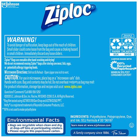 Ziploc Brand Slider Storage Bags with Power Shield Technology, Gallon, 20 Count, Clear