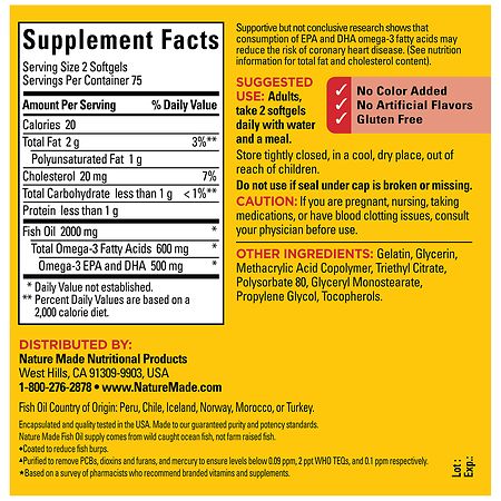 Nature Made Burp Less Fish Oil 1000 mg Softgels, Omega 3 Fish Oil  Supplements for Healthy Heart Support, Omega 3 Supplement with 150  Softgels, 75 Day