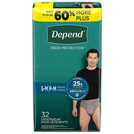 Depend Adult Incontinence Underwear for Men, Disposable, Maximum S-M (ct  32) Grey