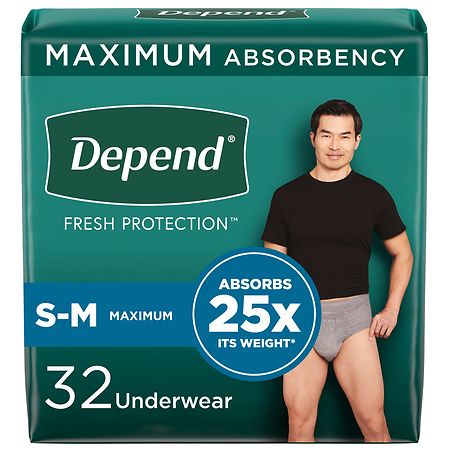 Depend Adult Incontinence Underwear for Men, Disposable, Maximum S-M (ct 32) Grey
