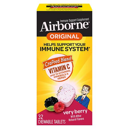 Airborne Immune Support Chewable Tablets Minerals & Herbs with Vitamin C, E, Zinc Very Berry
