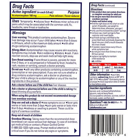Little Remedies Infant Fever/Pain Reliever Acetaminophen, Dye-Free Berry