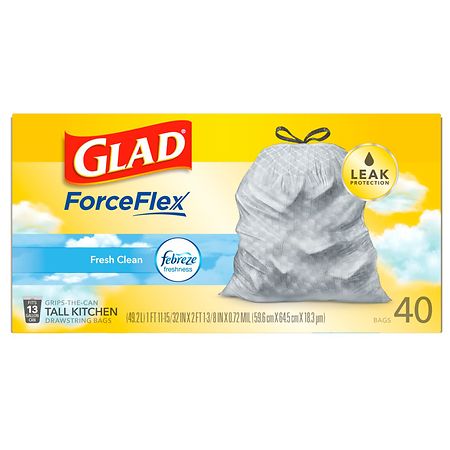 Glad ForceFlex with Febreze Fresh Clean Scent Tall Kitchen Drawstring Trash  Bags, 110 ct - Pay Less Super Markets