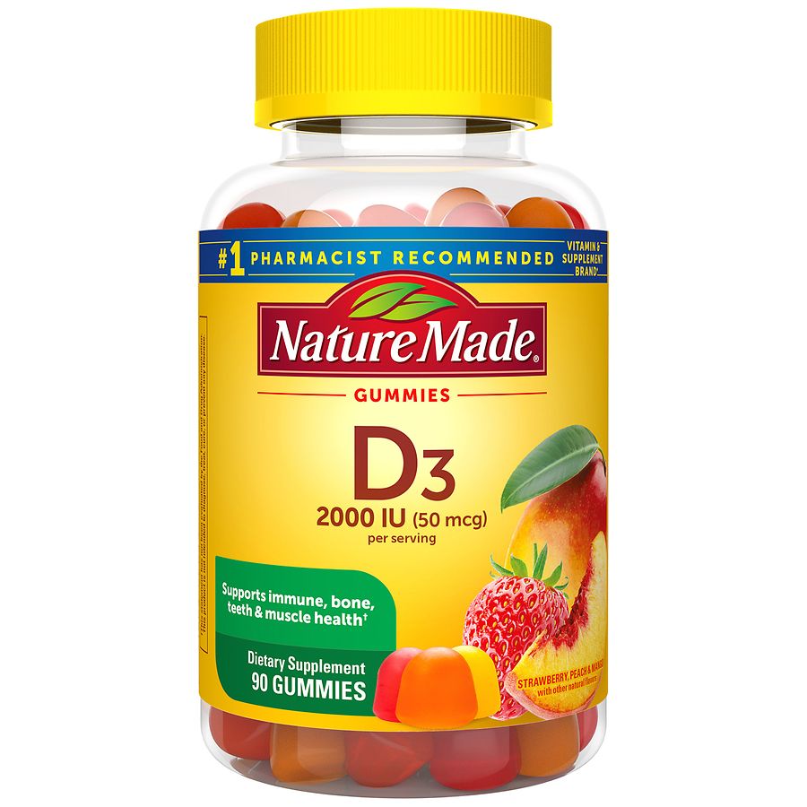 Nature Made Vitamin D3 2000 IU (50 mcg) Per Serving Gummies Strawberry, Peach & Mango