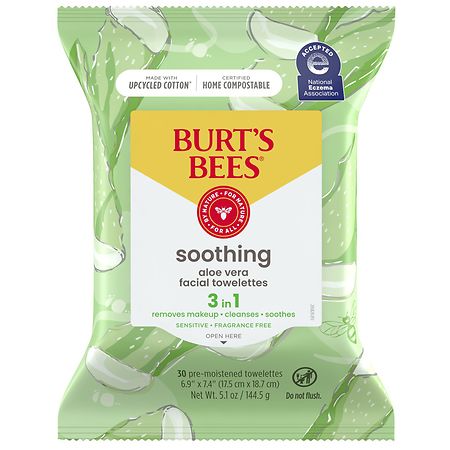Burt's Bees Soothing Facial Cleanser and Makeup Remover Towelettes for Sensitive Skin Aloe Vera