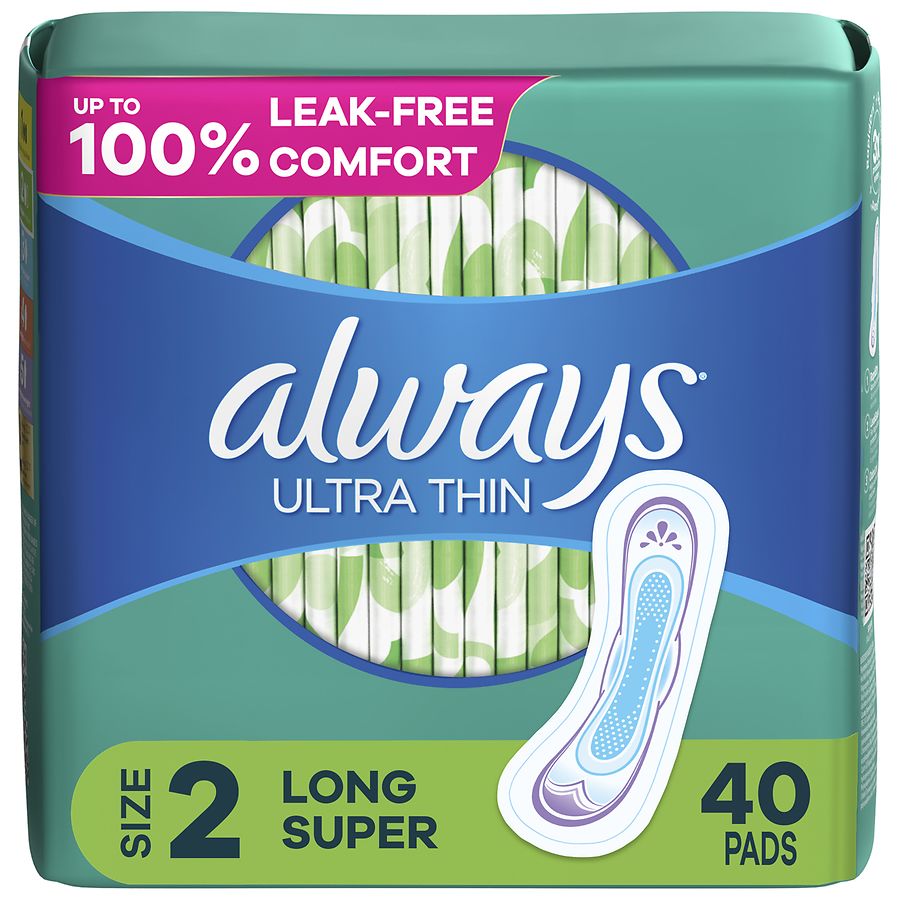 Always Ultra Thin Feminine Pads without Wings for Women, Long Super  Absorbency Unscented, Size 2 (ct 40)