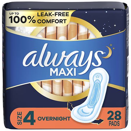 Always Maxi Pads, Overnight, Without Wings Unscented, Size 4