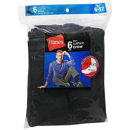 Hanes Men's Crew Cushion Socks 6-12 Black