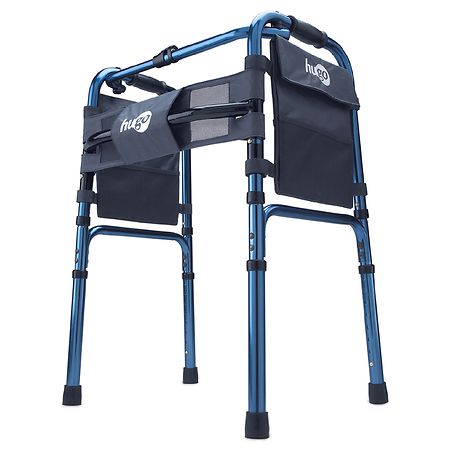 Hugo Adjustable Folding Walker With 5" Wheels and Plastic Glides Blue