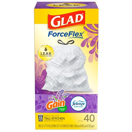 Glad ForceFlex Tall Kitchen Trash Bags Gain Lavender with Febreze, 13 Gallon White