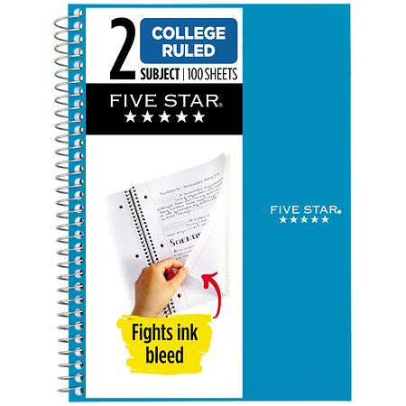 Five Star Wirebound Notebook, 2 Subject, College Ruled, 100 Sheets 6" x 9 1/ 2" Assorted