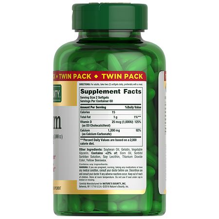 Nature's Bounty Calcium 1200 mg Plus Vitamin D3 Dietary Supplement Softgels Twinpack