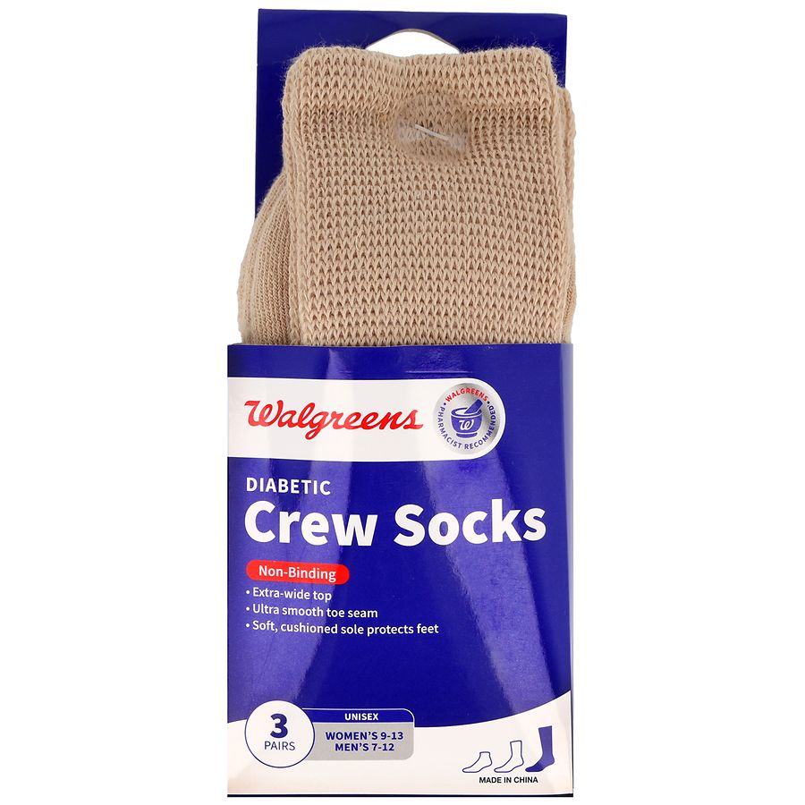 Walgreens Diabetic Crew Socks Unisex Women's 913, Men's 712, Beige
