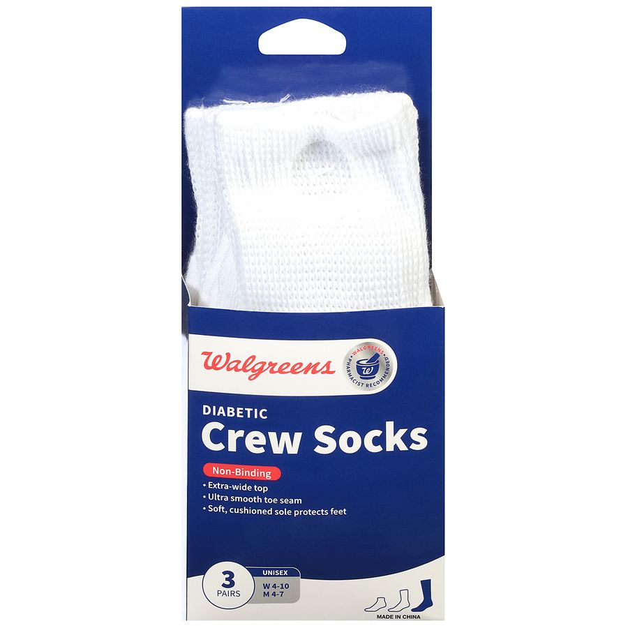 Walgreens Diabetic Crew Socks Unisex Women's 4-10, Men's 4-7, White