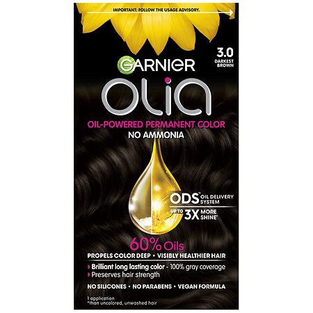 Garnier Olia Oil Powered Ammonia Free Permanent Hair Color, 3.0 Darkest Brown