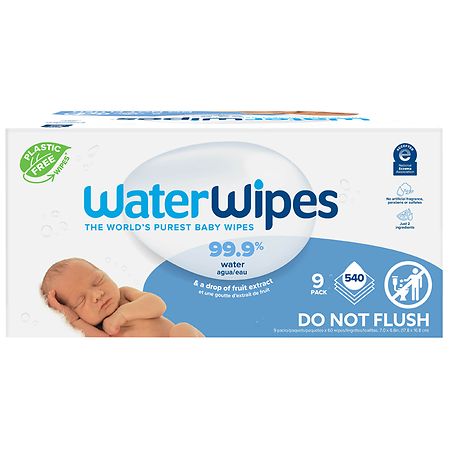 WaterWipes Plastic-Free Original Baby Wipes, Hypoallergenic for Sensitive Skin Unscented, 9x60