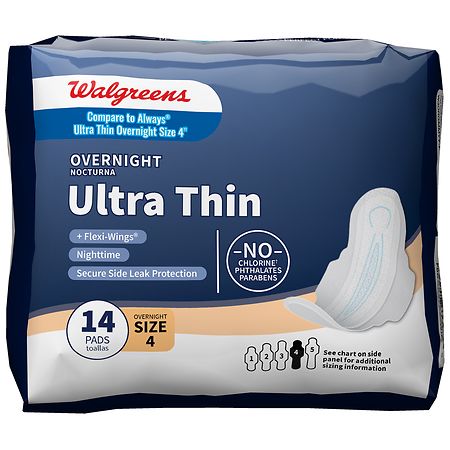 Walgreens Ultra Thin Maxi Pads, Overnight, With Flexi-Wings Unscented, Size 4 (14 ct)