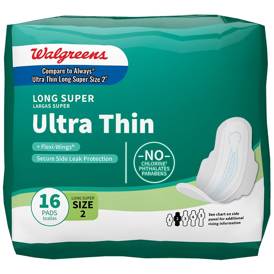 Walgreens Ultra Thin Maxi Pads, Long Super, With Flexi-Wings Unscented, Size 2