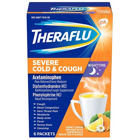 TheraFlu Nighttime Severe Cold and Cough Hot Liquid Powder Honey Lemon Infused with Chamomile & White Tea