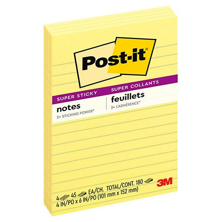 Post-it Super Sticky Notes, 4 in x 6 in, Canary Yellow, Lined Canary Yellow