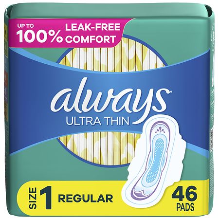 Always Ultra Thin Feminine Pads with Wings for Women, Regular Absorbency Unscented, Size 1 (ct 46)