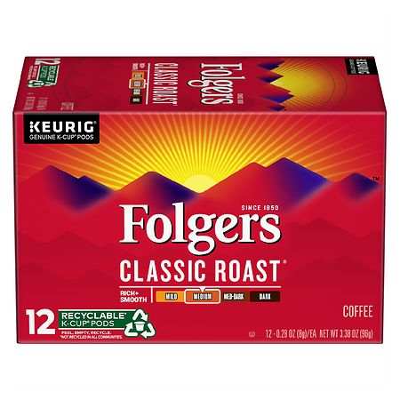 (BBD: May/16/2023) Folgers Classic Roast Ground Coffee Kcup Pods, 0.28 Oz,12 Count, Packaging  