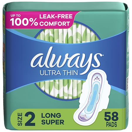 Always Ultra Thin Feminine Pads with Wings for Women, Long Super Absorbency Unscented, Size 2 (ct 58)