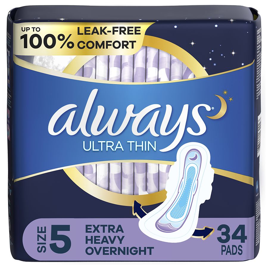 Always ZZZ Overnight Pads for Women, Size 6, Unscented with Wings