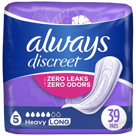 Always Discreet Adult Incontinence Pads for Women, Heavy Long, 5 (39 ct)