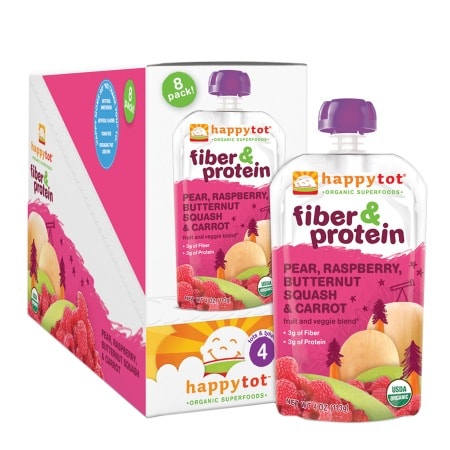 Happy Tots Fiber & Protein Organic Stage 2 Baby Food Pear, Raspberry, Butternut Squash & Carrot