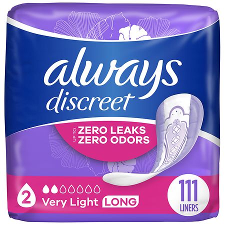 Always Discreet Incontinence Panty Liners for Bladder Leaks, Very Light Absorbency 2, Long Length
