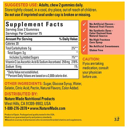 Nature Made Vitamin C 250 mg per serving, Dietary Supplement for Immune  Support, 150 Gummies, 75 Day Supply